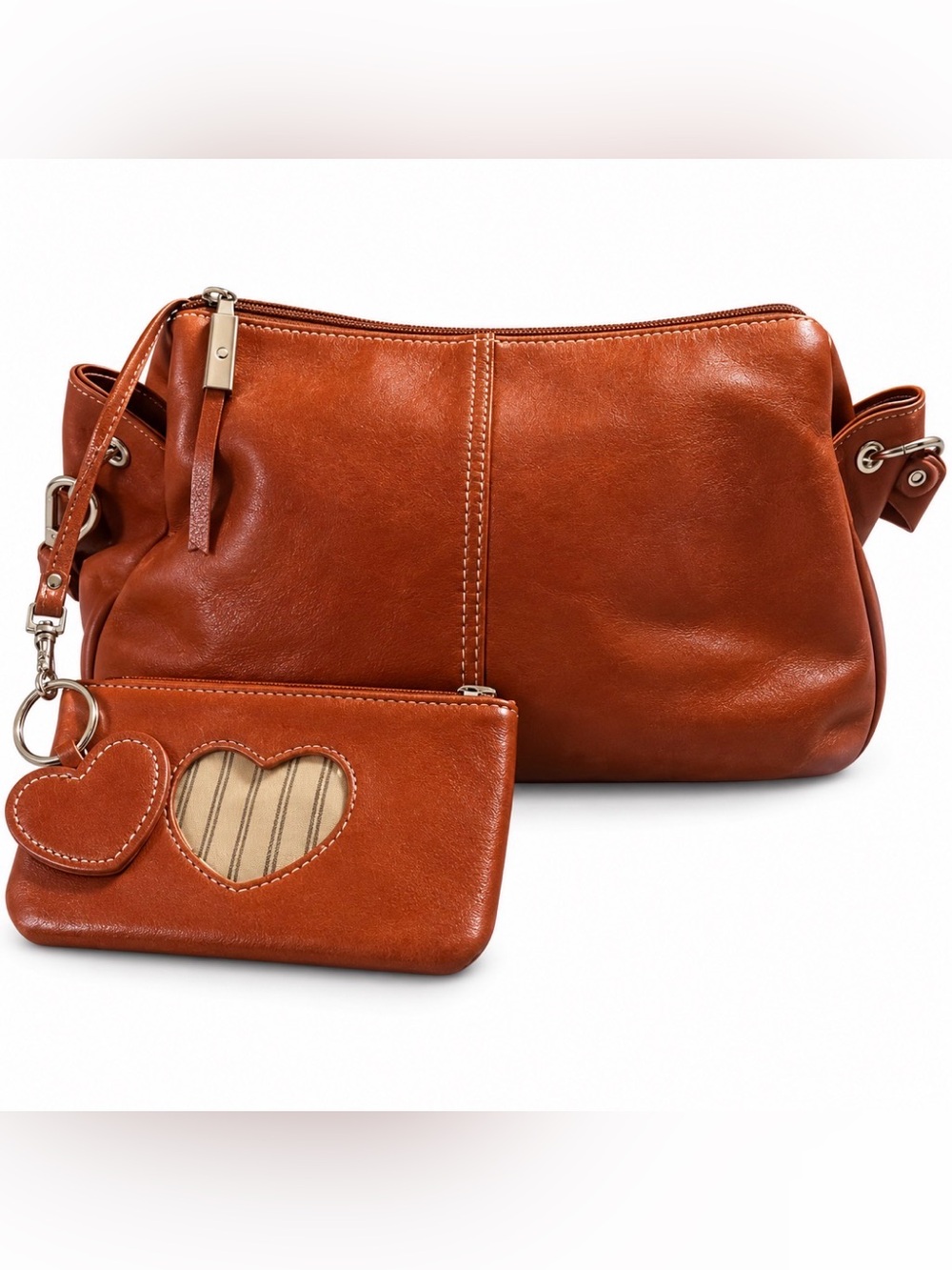 Aurielle Genuine Leather Cognac Shoulder Bag + Matching Heart Pouch